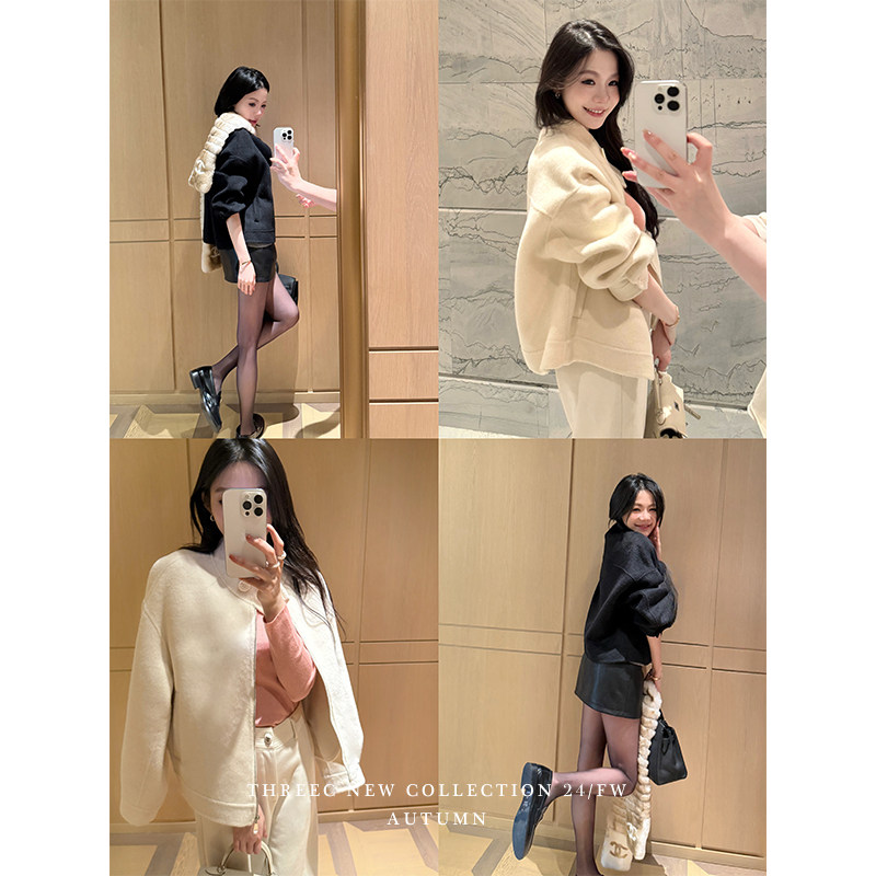 三喜threec 本期推极简特色 小版型双面羊绒外套女老钱风短款夹克,淘宝优惠券,粉丝福利购,淘宝优惠卷