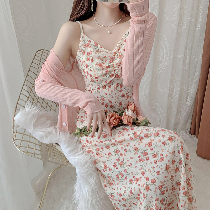 碎花夏季吊带裙子加开衫防晒连衣裙 梦盼黎时尚套装