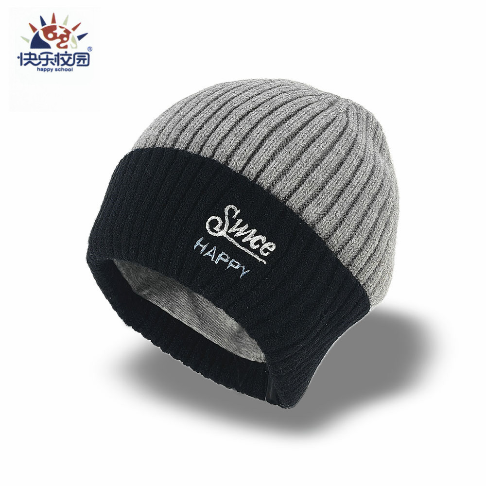 快乐校园男童秋冬保暖毛线帽子翻边单帽儿童纯棉里衬套头帽包头帽 - 图3
