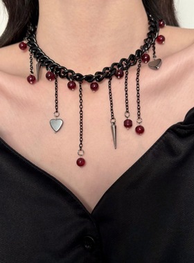 辣妹爱心铆钉圆珠流苏项链女高级感2025新款小众颈链choker锁骨链