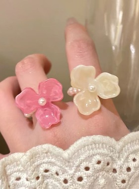 夏季彩色多巴胺珍珠花朵戒指女2025新款食指戒度海边假风拍照指环