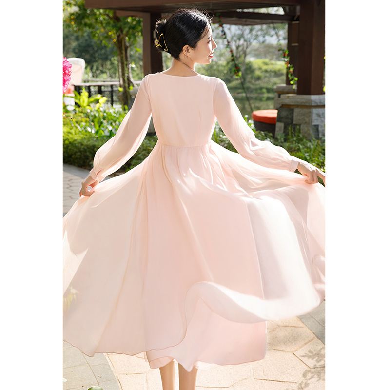美妃早春粉色温柔长袖小个子连衣裙长款2023新设计感小众气质女夏-图2
