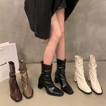 Twilight female main ~ ITSK boots child high heel slim boot short boot square head coarse heel Temperament Style Rear Zipper Nude Boots