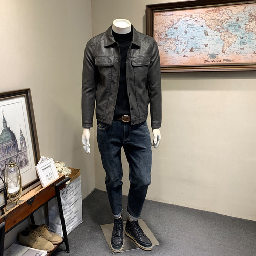 皮衣男加绒加厚春秋冬季翻领皮外套青年潮工装机车皮夹克春季男装 - 图2