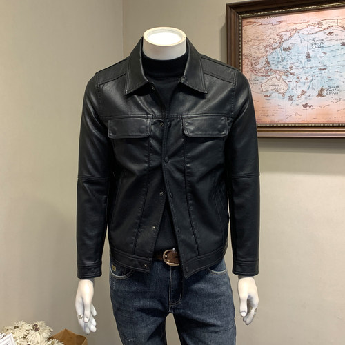 皮衣男加绒加厚春秋冬季翻领皮外套青年潮工装机车皮夹克春季男装 - 图0