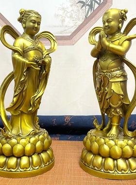 纯铜金童玉女童男童女摆件观音菩萨随从佛像善财童子龙女像一对