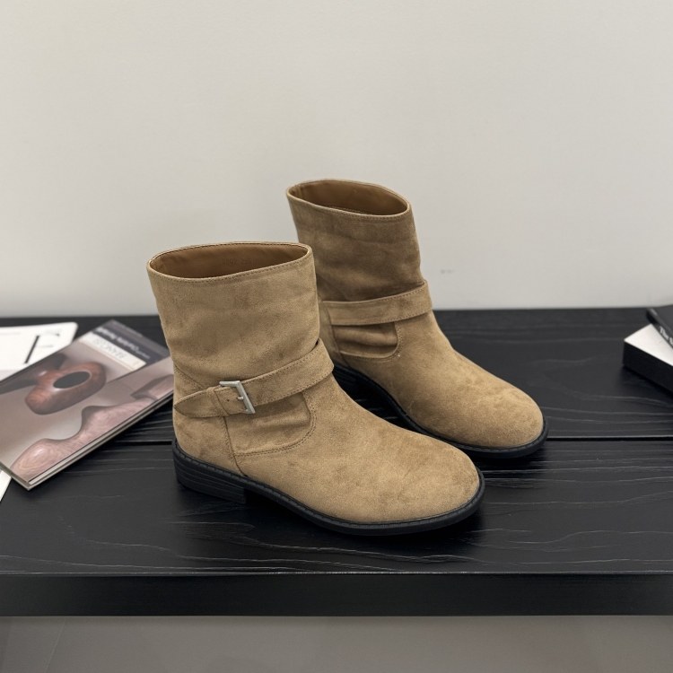 欧美绒面方跟短靴女2025秋冬皮带扣套筒西部靴时尚青年马丁靴子潮,淘宝优惠券,粉丝福利购,淘宝优惠卷