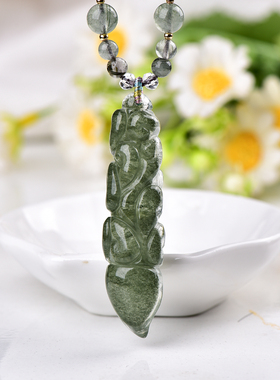 天然绿幽灵九尾狐吊坠手工精雕幽灵水晶文昌笔狐狸原创设计项链