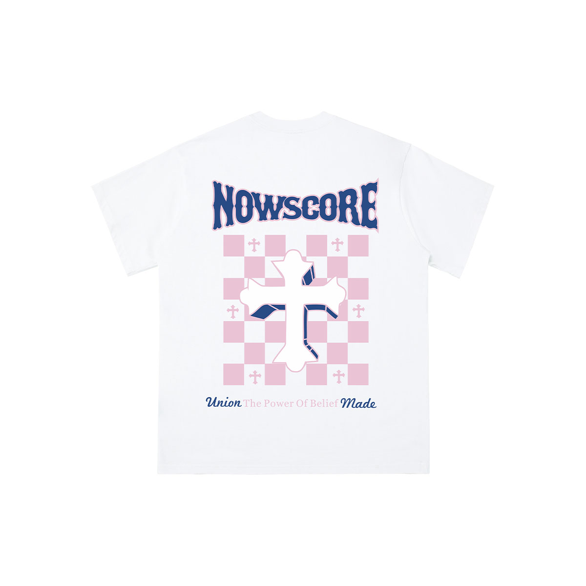 NOWSCORE 十字架棋盘格字母印花宽松休闲短袖T恤 男女同款 - 图3