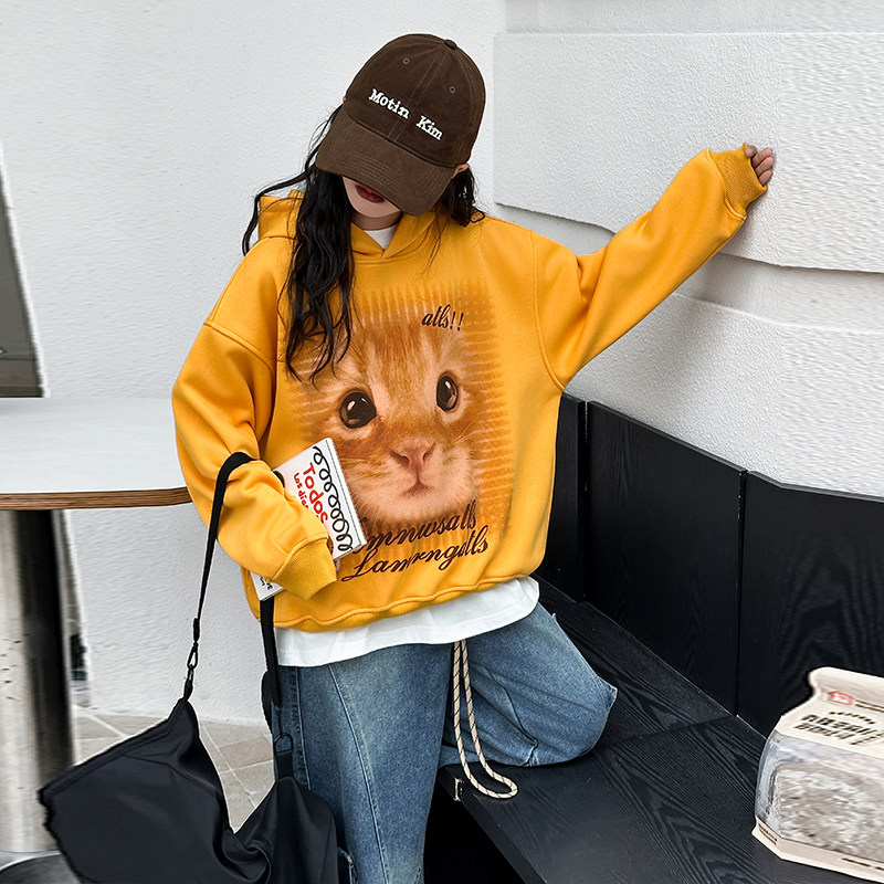 网红女童爵士舞秋冬装中大童美式猫咪印花宽松连帽卫衣拍照走秀服,淘宝优惠券,粉丝福利购,淘宝优惠卷