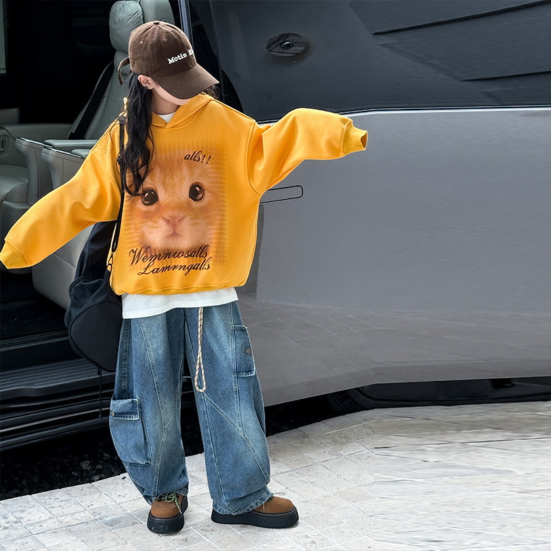 网红女童爵士舞秋冬装中大童美式猫咪印花宽松连帽卫衣拍照走秀服,淘宝优惠券,粉丝福利购,淘宝优惠卷