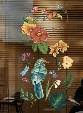 田园花鸟树枝玻璃静电贴