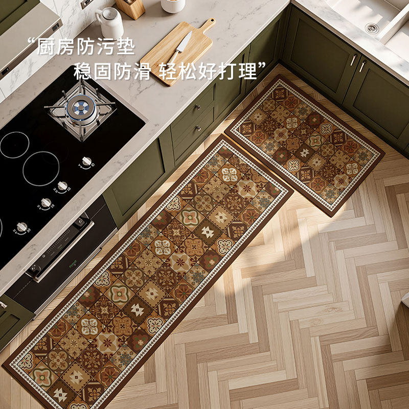 American retro kitchen floor mats, non-slip, oil-proof, wipeable, washable, pvc leather, waterproof, household quick-drying carpet floor mats