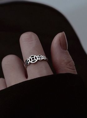 新款招财转运铜钱925纯银戒指指环男女一对个性复古开口食指旺财