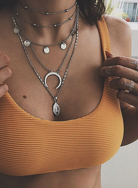 饰品欧美月亮圆片多层锁骨链