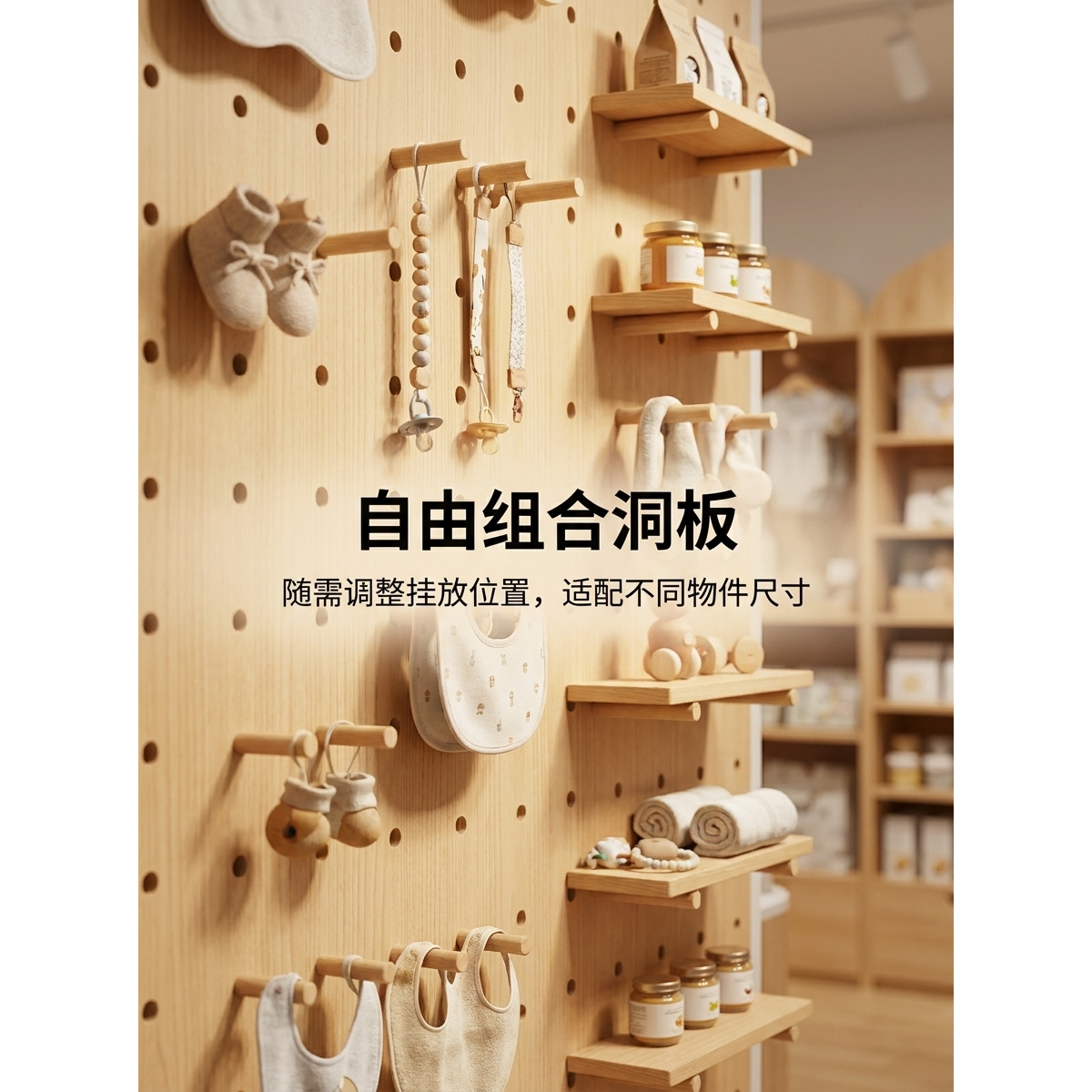 Customized maternity and baby shop special perforated board removable wood grain white wooden product display rack