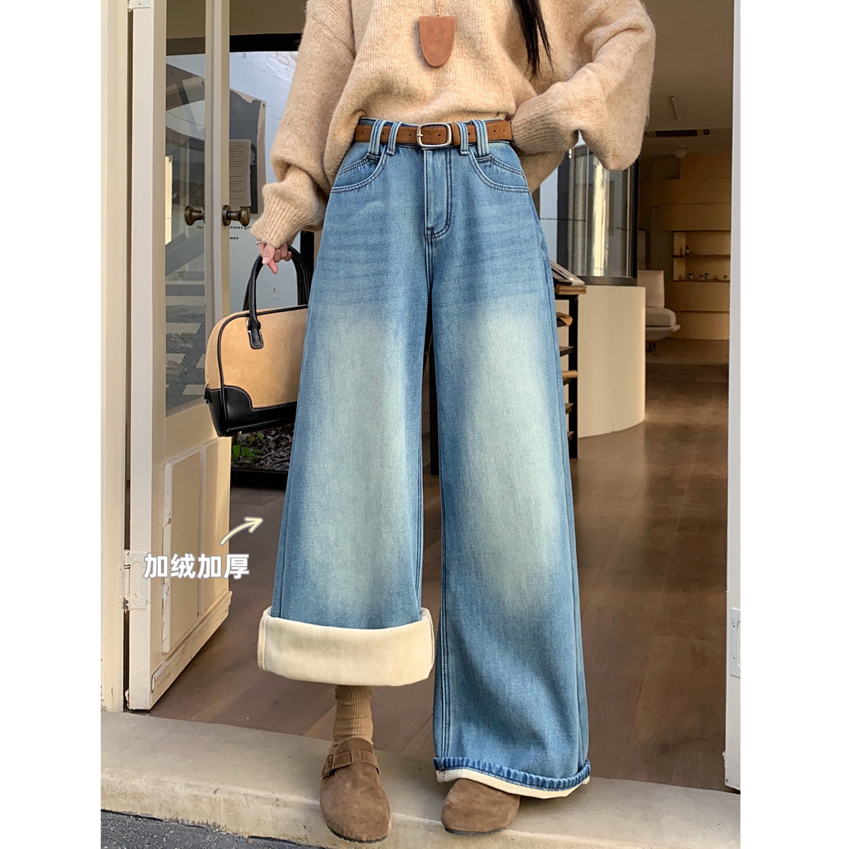 梨型身材阔腿牛仔裤女秋冬加绒胖mm不规则设计感高腰显瘦直筒长裤,淘宝优惠券,粉丝福利购,淘宝优惠卷