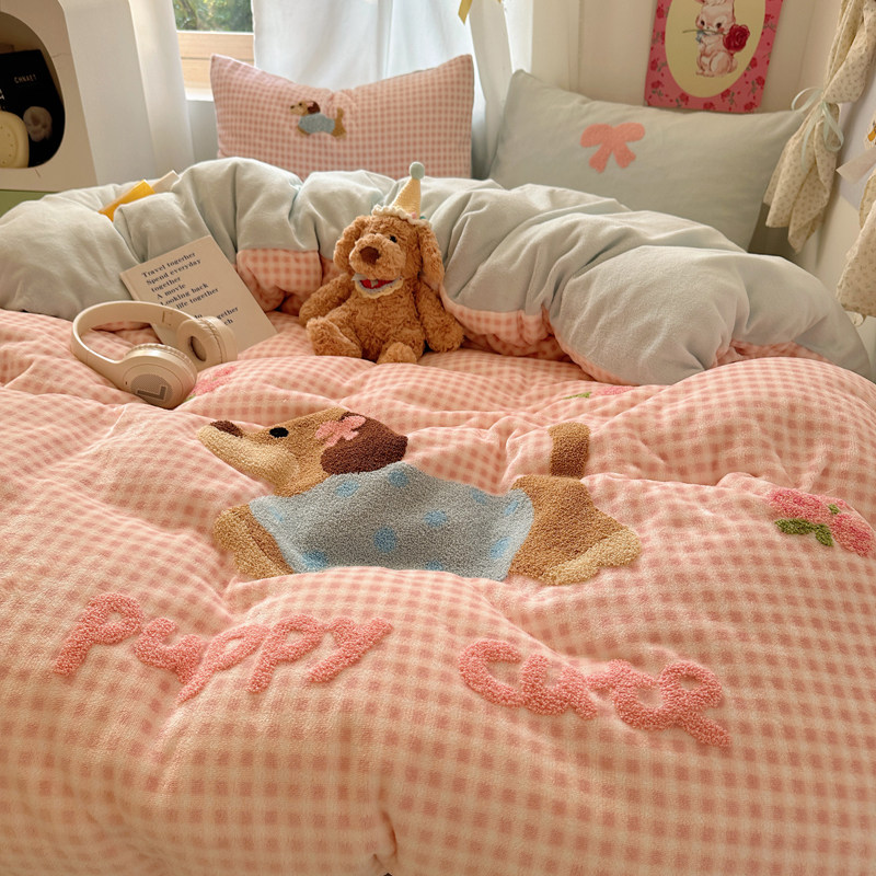 网红腊肠狗牛奶绒四件套秋冬保暖卡通毛巾绣珊瑚绒双面绒被套床单,淘宝优惠券,粉丝福利购,淘宝优惠卷
