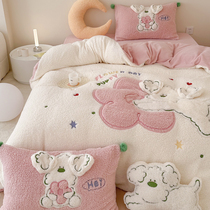 Puppies flower embroidered autumn and winter ultra-thick lamb suede four sets of cartoon teenage girl warm milk suede bed linen