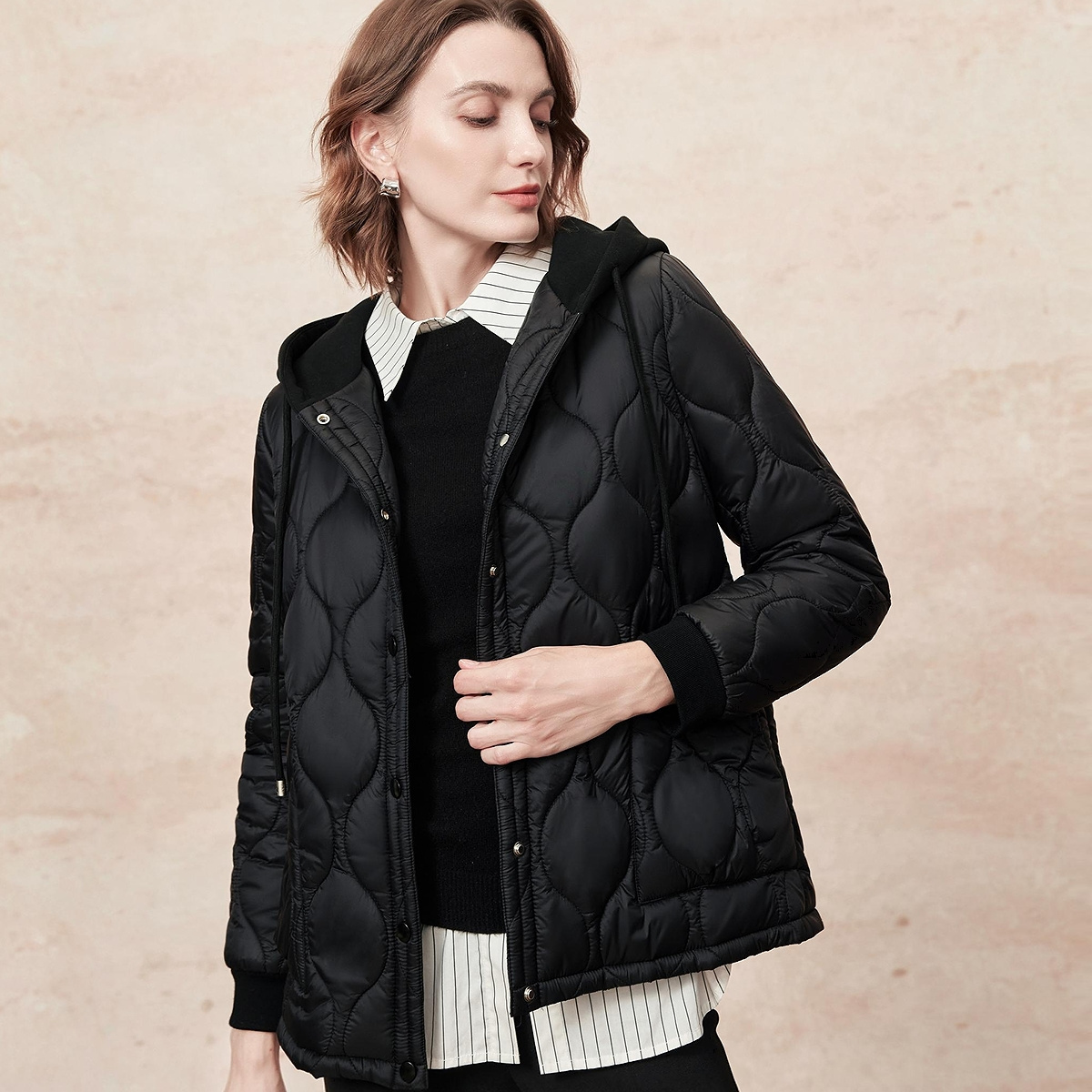 FINITY菲妮迪棉服棉袄2025冬季新款简约连帽针织袖休闲保暖外套女 - 图0