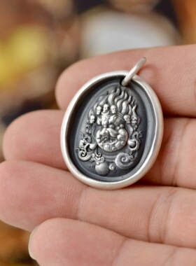 黑财神吊坠足银999手工制作实心银饼 纯银复古椭圆大黑天男女佛牌