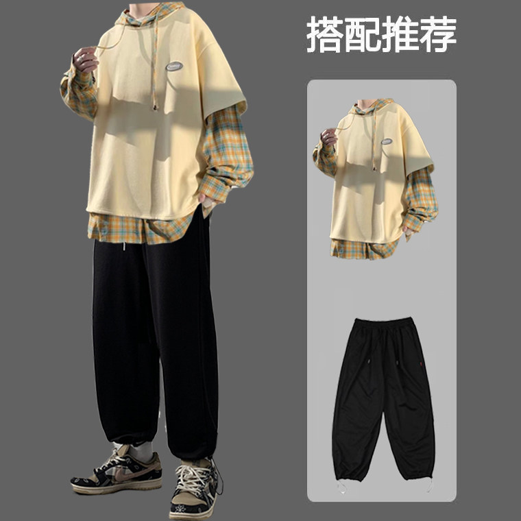 假两件卫衣套装男秋冬季潮流宽松百搭休闲两件套男装搭配帅气衣服_虎窝淘