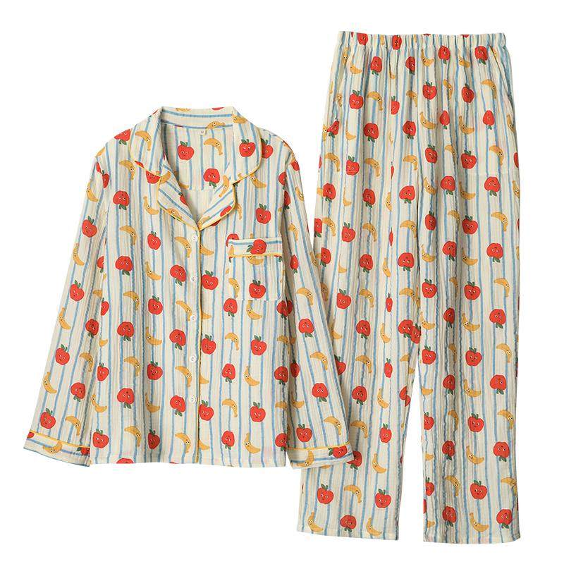 条纹卡通睡衣女学生水洗纯棉纱日系翻领长袖长裤春夏薄家居睡眠服,淘宝优惠券,粉丝福利购,淘宝优惠卷