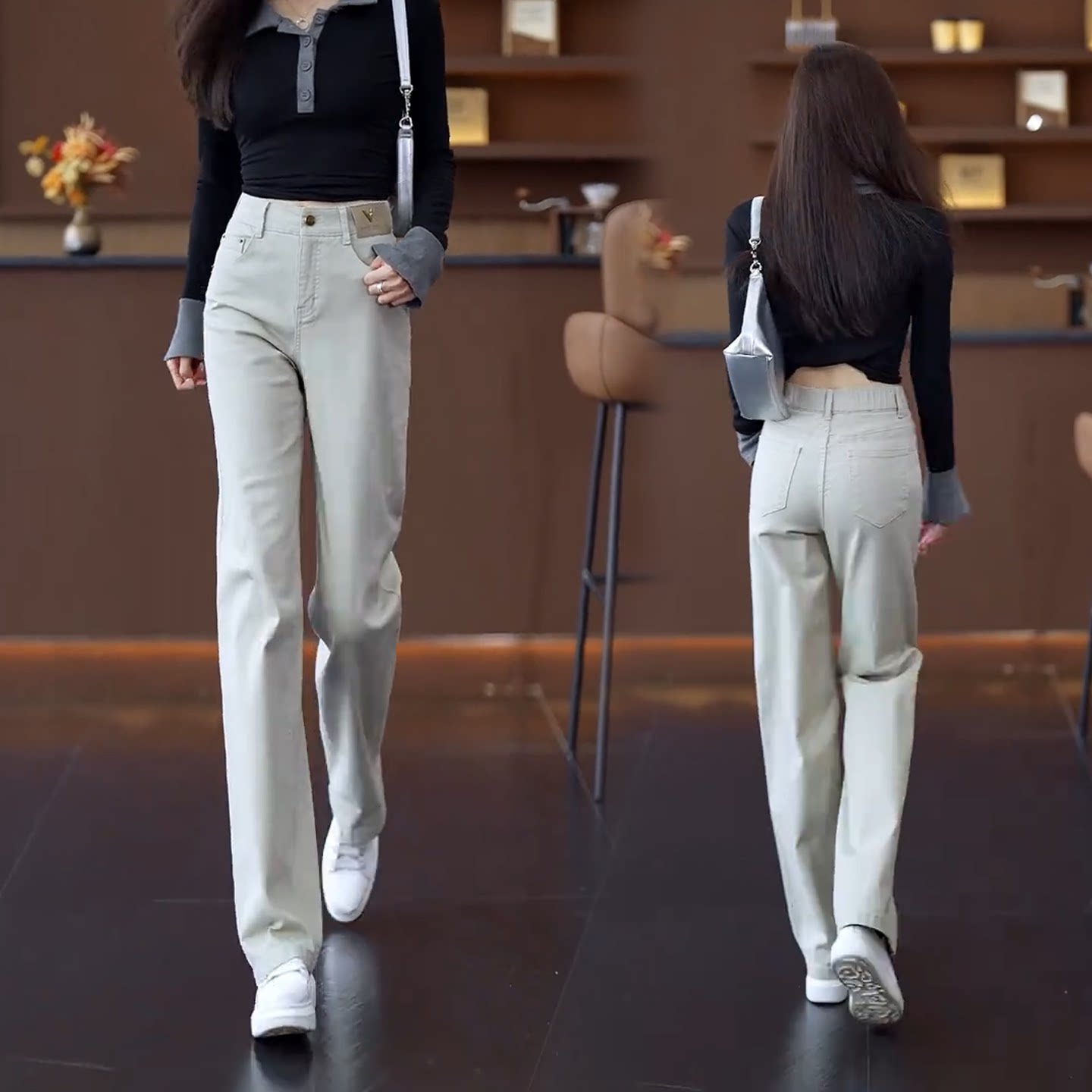 莫兰迪灰色窄版阔腿裤女秋季新款宽松流行爆款洗水时尚牛仔直筒裤