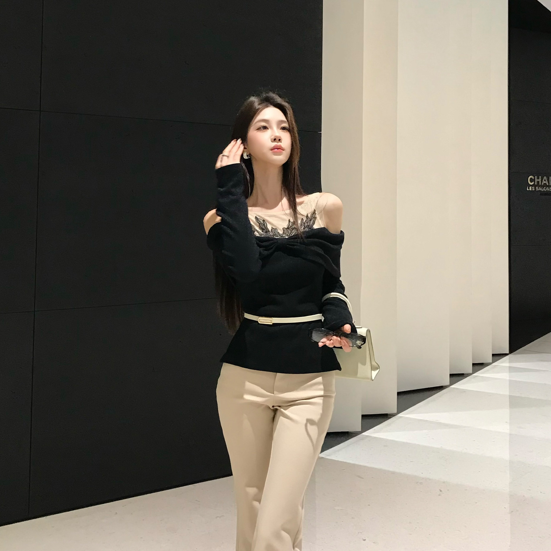 木子李的李设计感刺绣拼接一字肩长袖针织衫收腰上衣女高腰长裤冬,淘宝优惠券,粉丝福利购,淘宝优惠卷