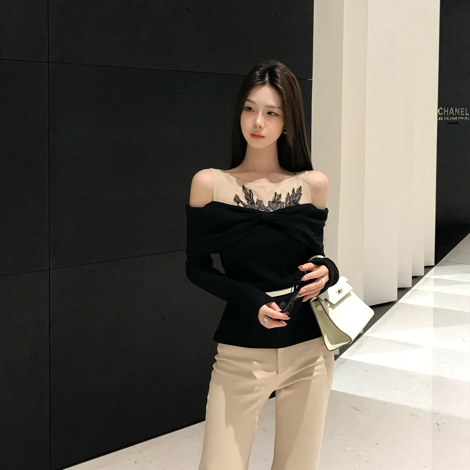 木子李的李设计感刺绣拼接一字肩长袖针织衫收腰上衣女高腰长裤冬,淘宝优惠券,粉丝福利购,淘宝优惠卷