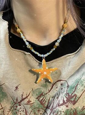 落日下的橘子海~海边度假风橙色海星串珠项链新款个性甜美小众链