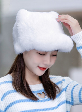 秋冬保暖兔毛猫耳小熊鸭舌帽女
