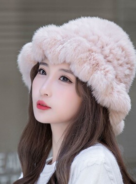秋冬兔毛护耳渔夫帽女保暖显小脸