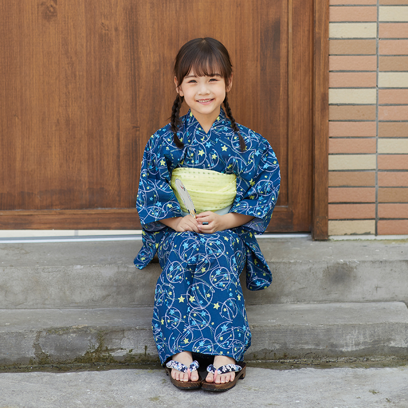 山鸟和色夏季全棉日本儿童和服日式浴衣女童连衣裙演出服深蓝星星