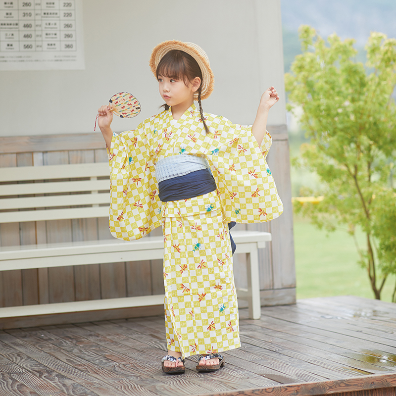 山鸟和色夏季全棉日本儿童和服日式浴衣女童连衣裙演出服道具蜻蜓