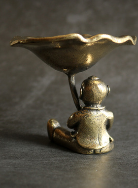 纯黄铜桌面车载小摆件荷叶香托