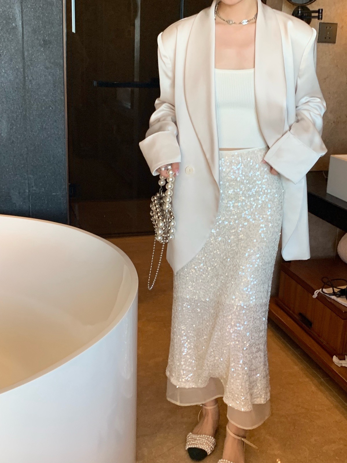 夏季新款重工亮片半身裙拼纱高腰长裙显瘦设计感小众韩版包臀裙,淘宝优惠券,粉丝福利购,淘宝优惠卷