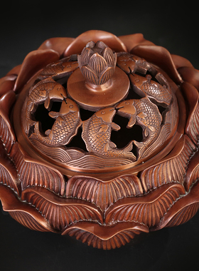 匠泽铜魂 紫铜莲花年年有鱼香炉 香薰炉纯铜香道盘香用品摆件盘香