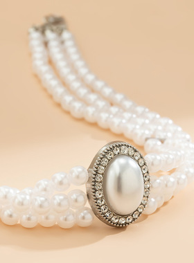 欧美跨境饰品 法式优雅多层仿珍珠颈链 气质轻奢串珠圆形吊坠项饰