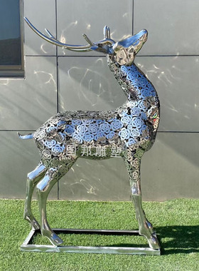 不锈钢镜面鹿雕塑 户外草地 公园景观摆放镂空发光铁艺鹿动物定做