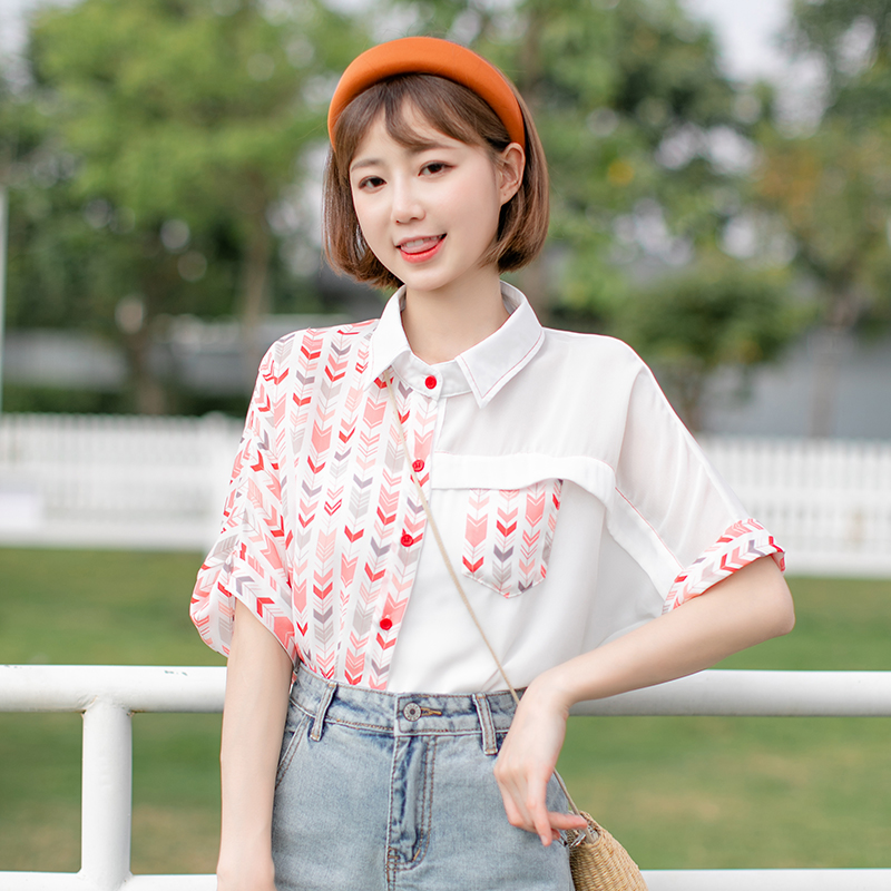 ap嗳派服饰旗舰店夏季新款五分袖雪纺衬衫插肩短袖上衣时尚拼接碎花衬衣学生少女装0
