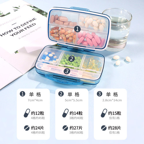 药盒大容量日本便携式随身7天防潮早午晚分装药品收纳密封分药盒 - 图0