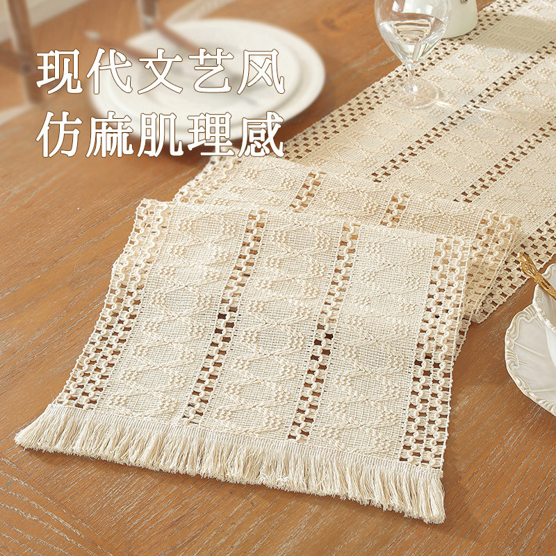 复古高级茶席镂空仿棉麻桌旗电视柜茶几长条桌布禅意中古盖布餐垫 - 图0