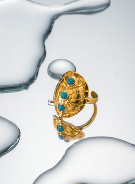 设计师款18k金不锈钢镶嵌绿松石龟壳开口戒指戒指跨境新款手饰