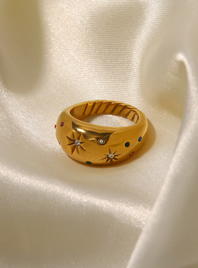 法式轻奢高级感复古潮款六芒星锆石戒指ins冷淡风时尚手饰品女潮