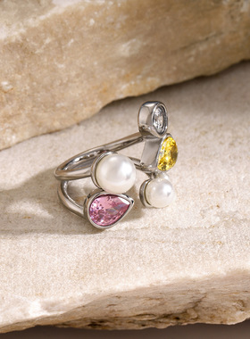 18k金不锈钢戒指女ins 不规则白色锆石珍珠开口钛钢戒指