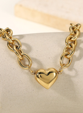 欧美风14K金粗款O字链爱心钛钢手链 女式时尚INS复古风不锈钢手链