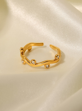 INS法式网红新款精细风格戒指18K金镶嵌白色钻树叶形开口戒指女式