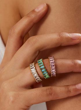 欧美风早春彩色不锈钢镶锆石戒指跨境潮流不掉色小众饰品