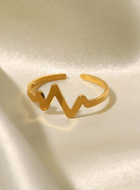 INS法式小众设计女性百搭钛钢戒指不锈钢镀18K金开口心跳戒指指环